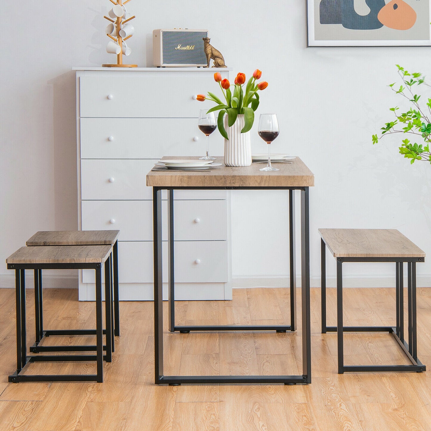 4-Piece Industrial Dining Set with Bench and Two Stools Compact Space-Saving Design