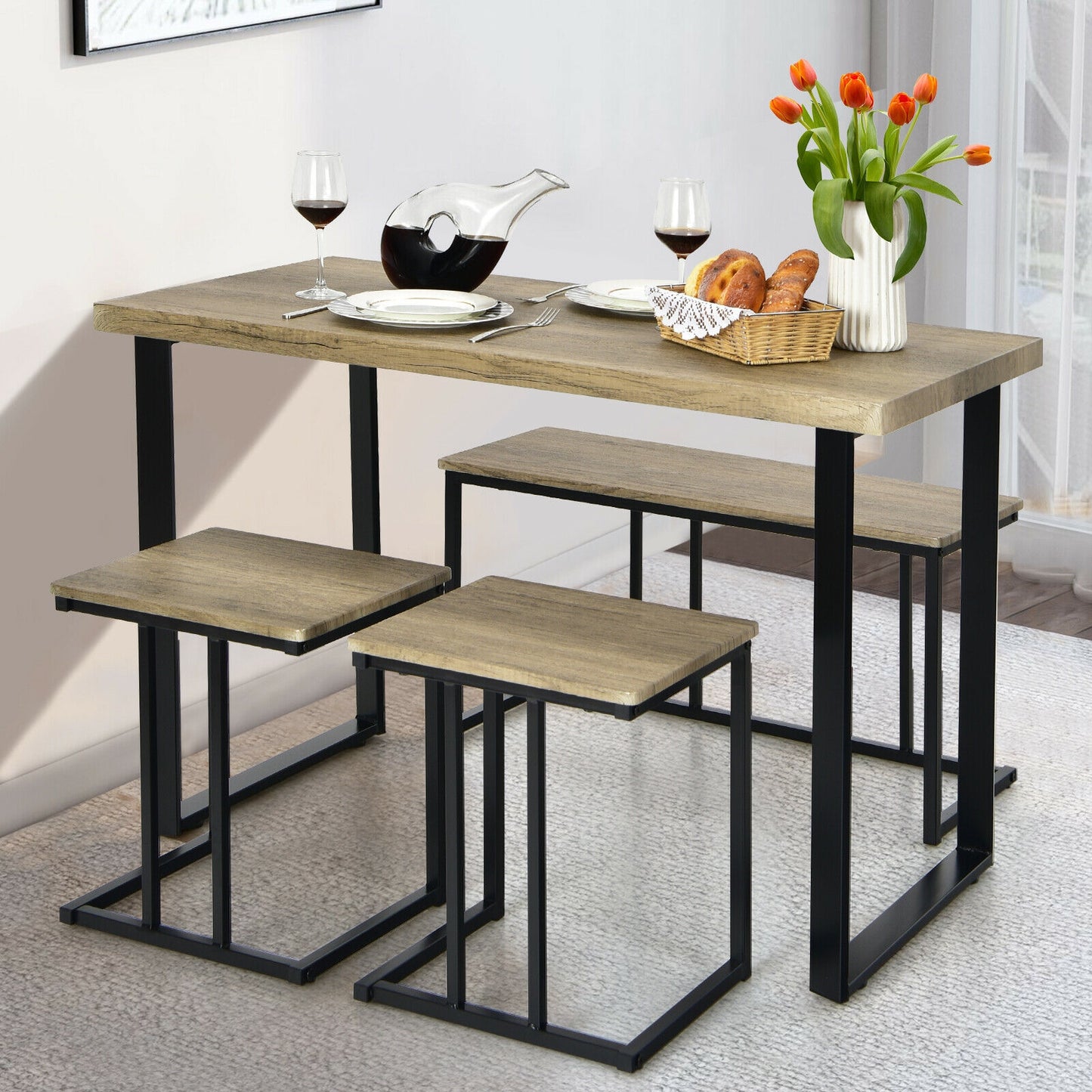4-Piece Industrial Dining Set with Bench and Two Stools Compact Space-Saving Design