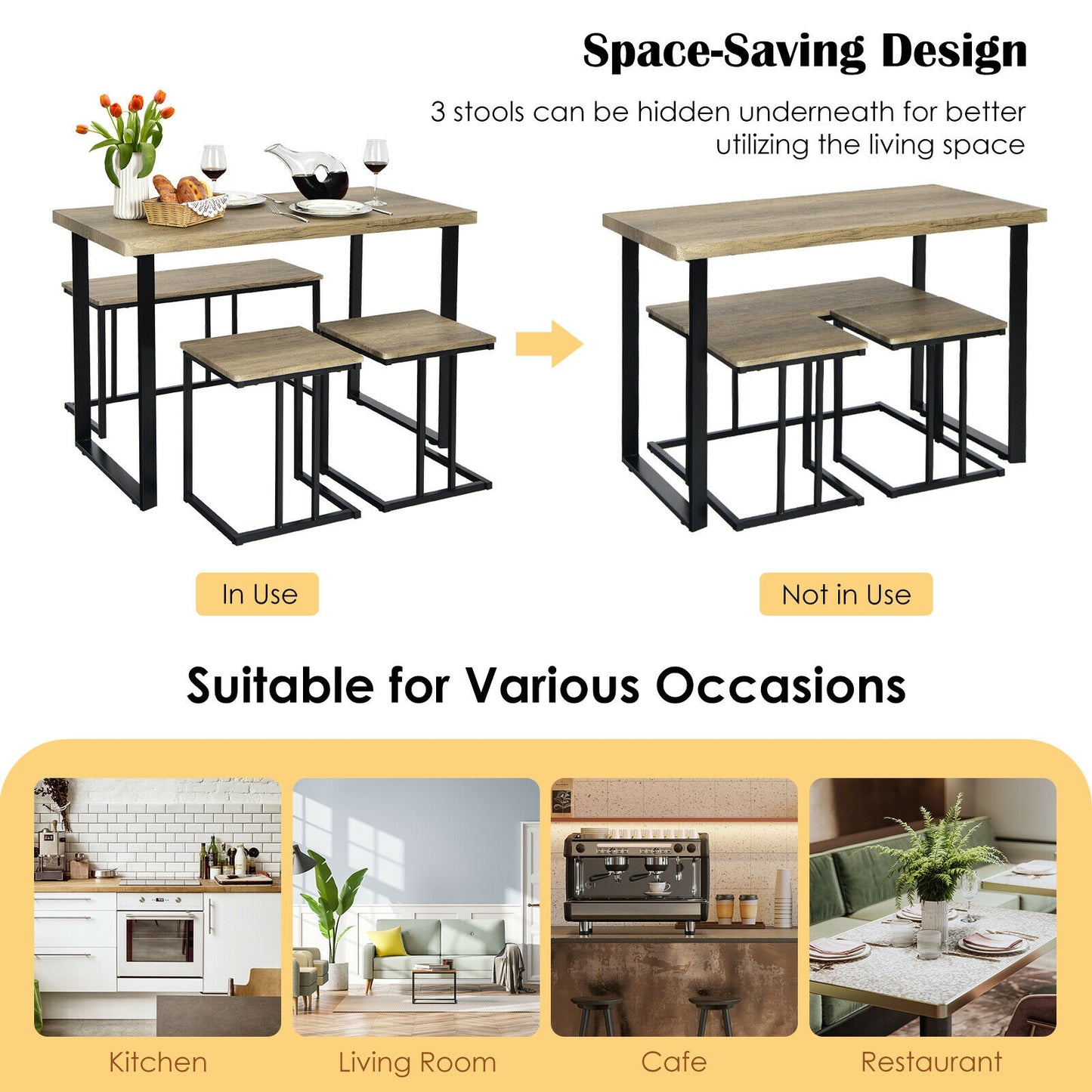 4-Piece Industrial Dining Set with Bench and Two Stools Compact Space-Saving Design