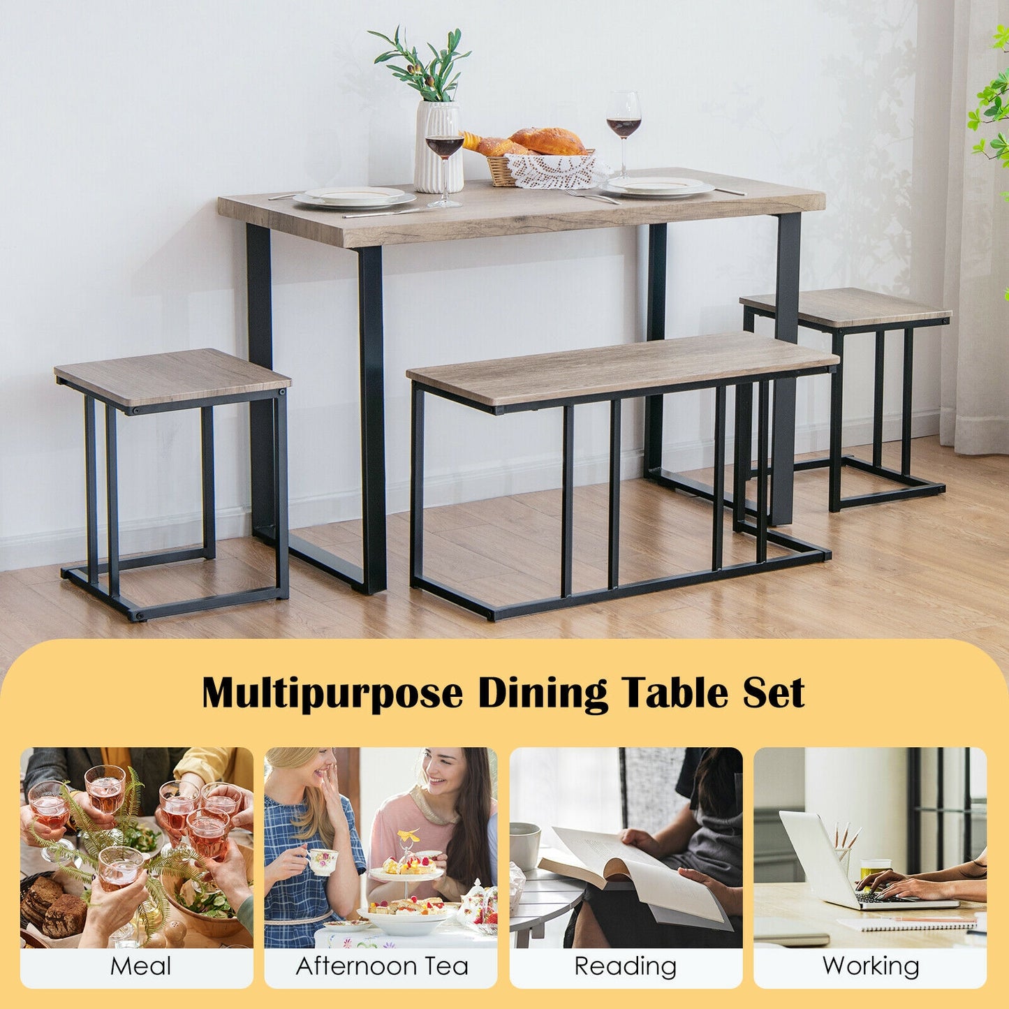 4-Piece Industrial Dining Set with Bench and Two Stools Compact Space-Saving Design