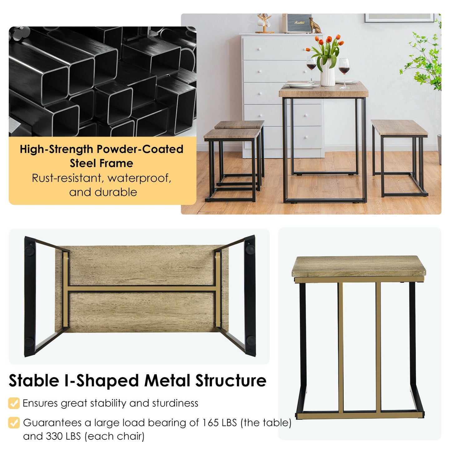 4-Piece Industrial Dining Set with Bench and Two Stools Compact Space-Saving Design