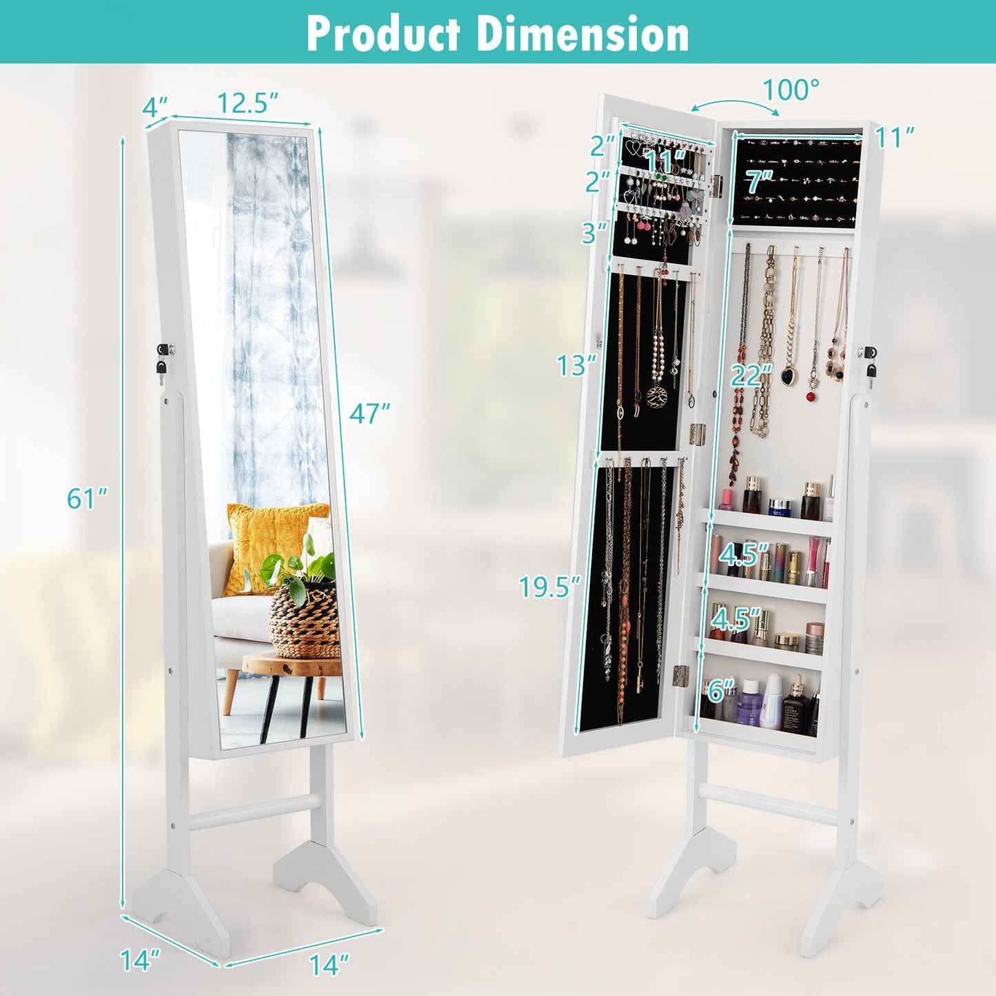 3-in-1 Standing Jewelry Armoire with Full-Length Mirror, Lockable Storage and Makeup Cabinet – White