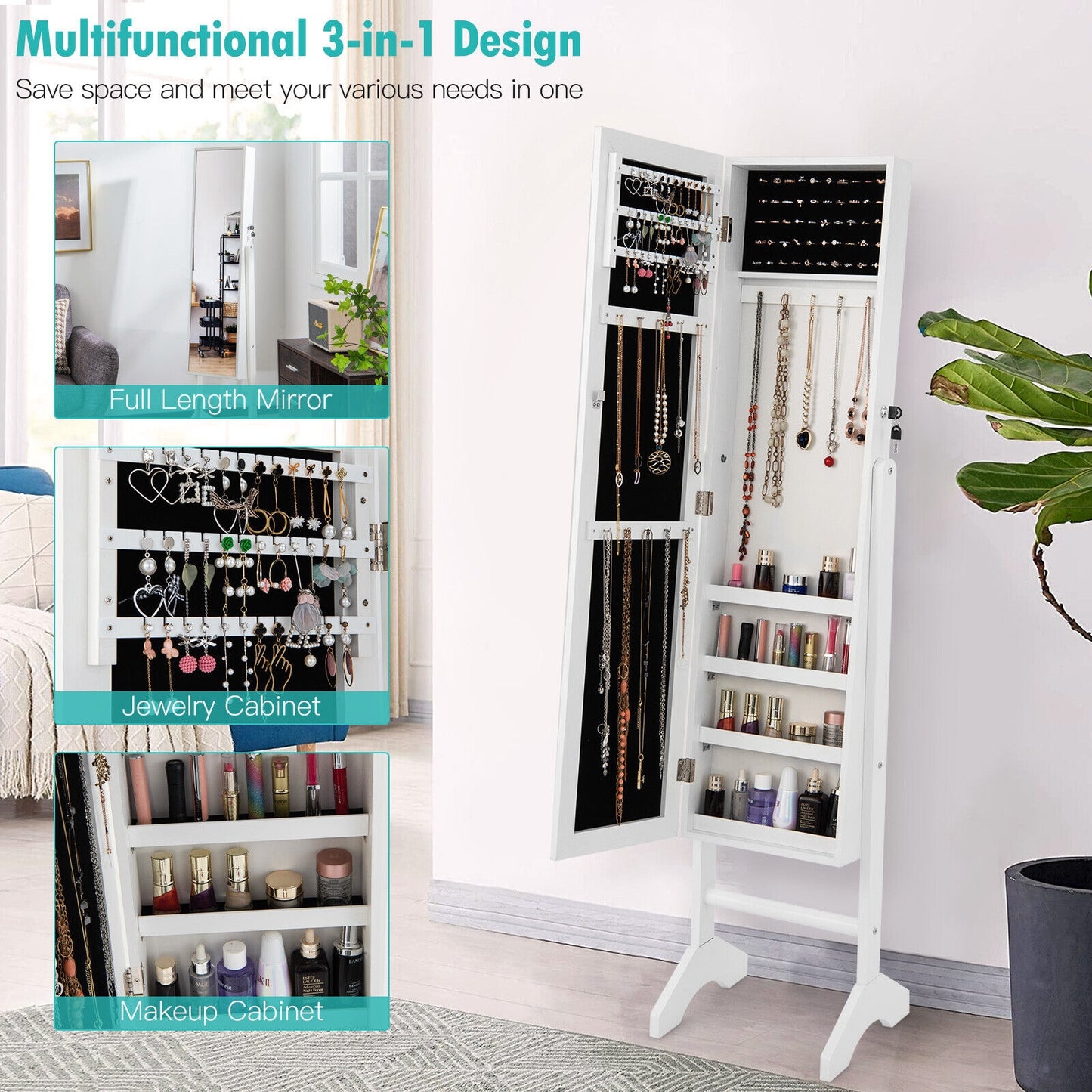 3-in-1 Standing Jewelry Armoire with Full-Length Mirror, Lockable Storage and Makeup Cabinet – White