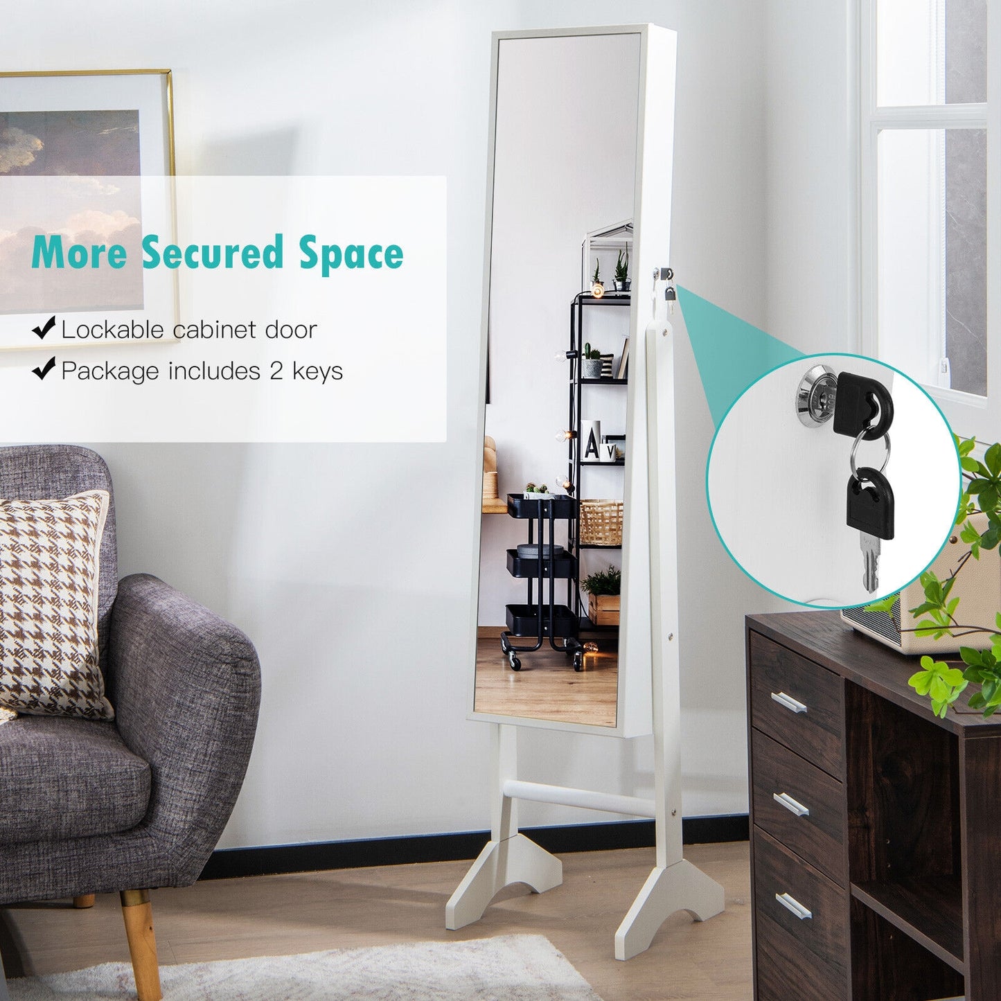 3-in-1 Standing Jewelry Armoire with Full-Length Mirror, Lockable Storage and Makeup Cabinet – White