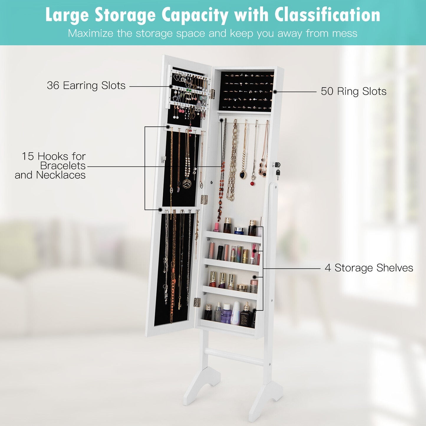 3-in-1 Standing Jewelry Armoire with Full-Length Mirror, Lockable Storage and Makeup Cabinet – White