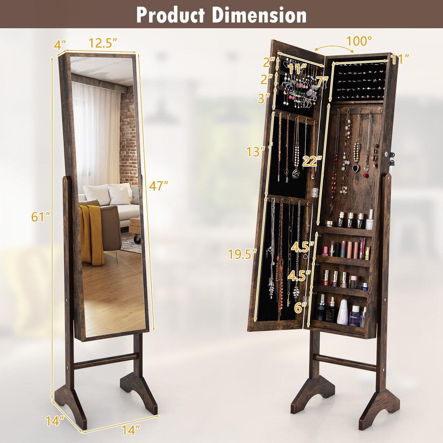 3-in-1 Standing Jewelry Armoire with Full-Length Mirror, Lockable Storage and Makeup Cabinet – Brown