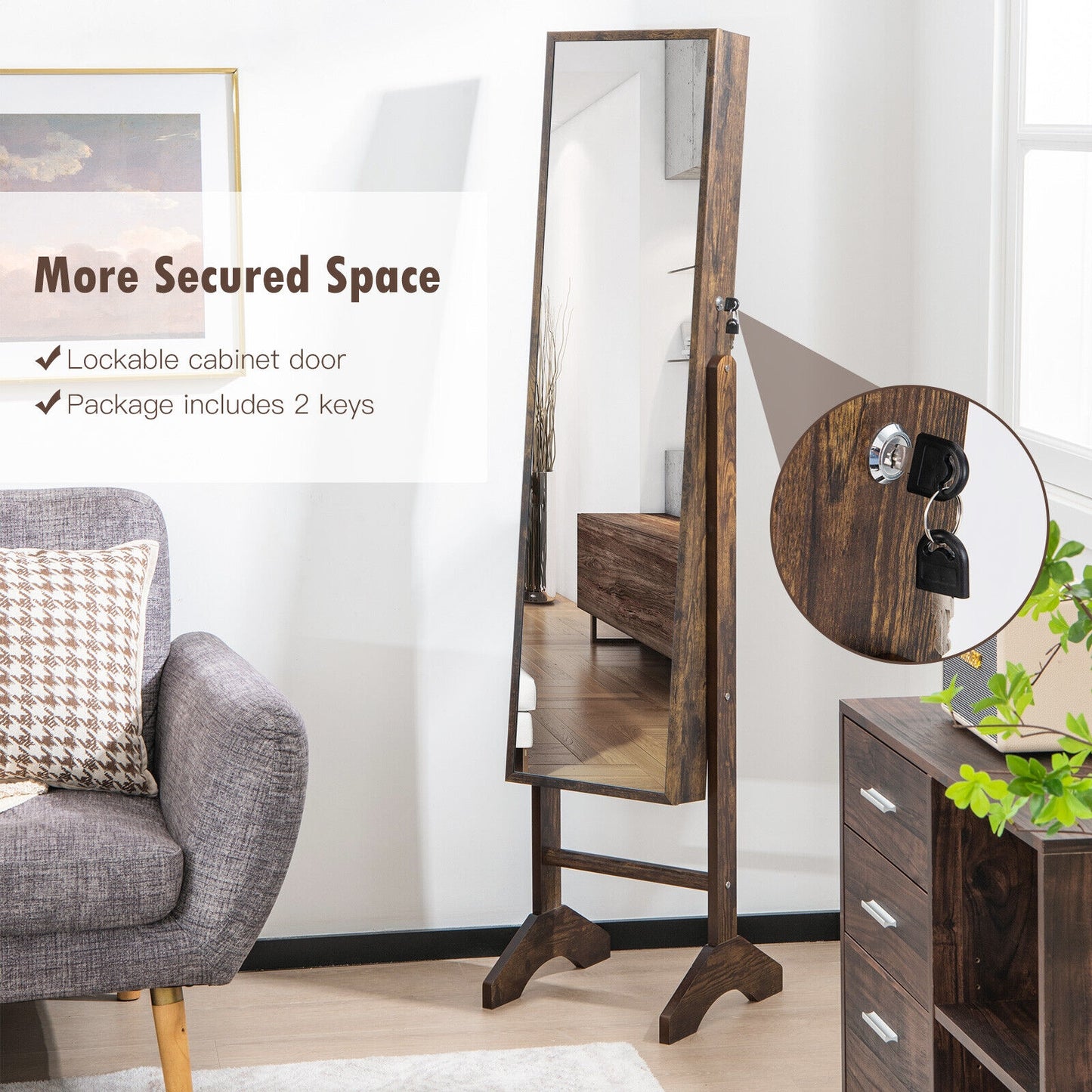 3-in-1 Standing Jewelry Armoire with Full-Length Mirror, Lockable Storage and Makeup Cabinet – Brown