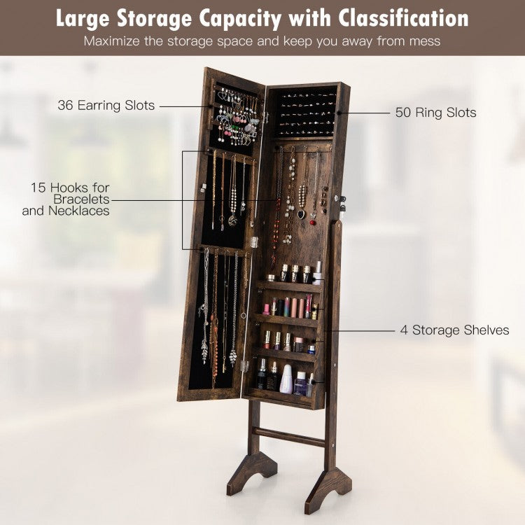 3-in-1 Standing Jewelry Armoire with Full-Length Mirror, Lockable Storage and Makeup Cabinet – Brown