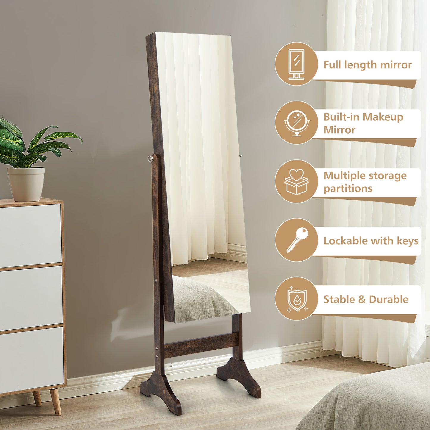 3-in-1 Standing Jewelry Armoire with Frameless Full-Length Mirror, Lockable Storage & Built-In Makeup Mirror – Brown
