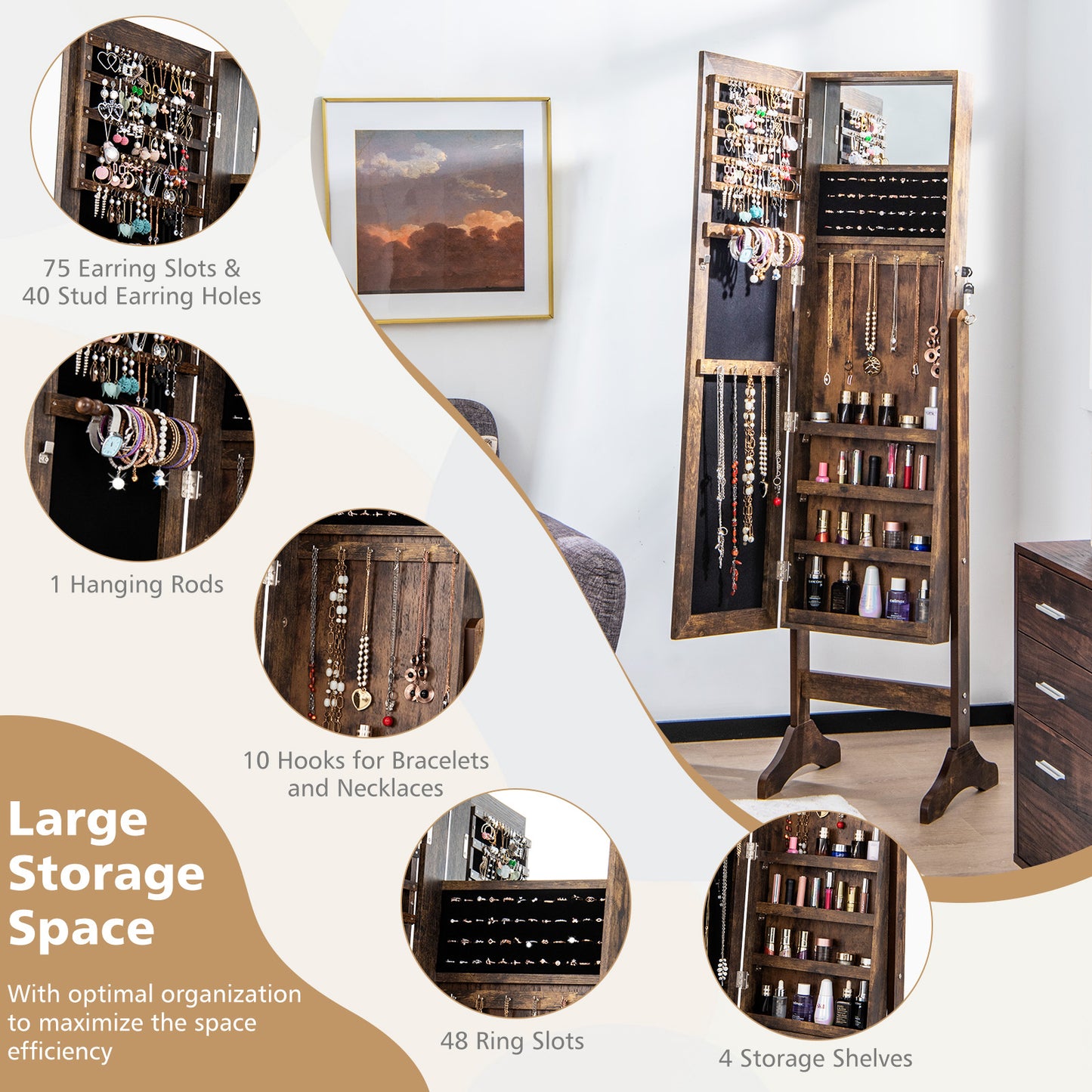 3-in-1 Standing Jewelry Armoire with Frameless Full-Length Mirror, Lockable Storage & Built-In Makeup Mirror – Brown