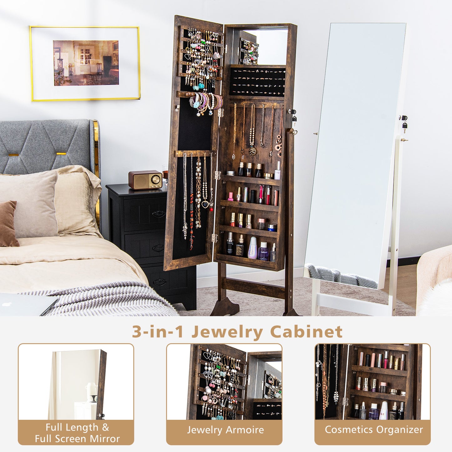 3-in-1 Standing Jewelry Armoire with Frameless Full-Length Mirror, Lockable Storage & Built-In Makeup Mirror – Brown