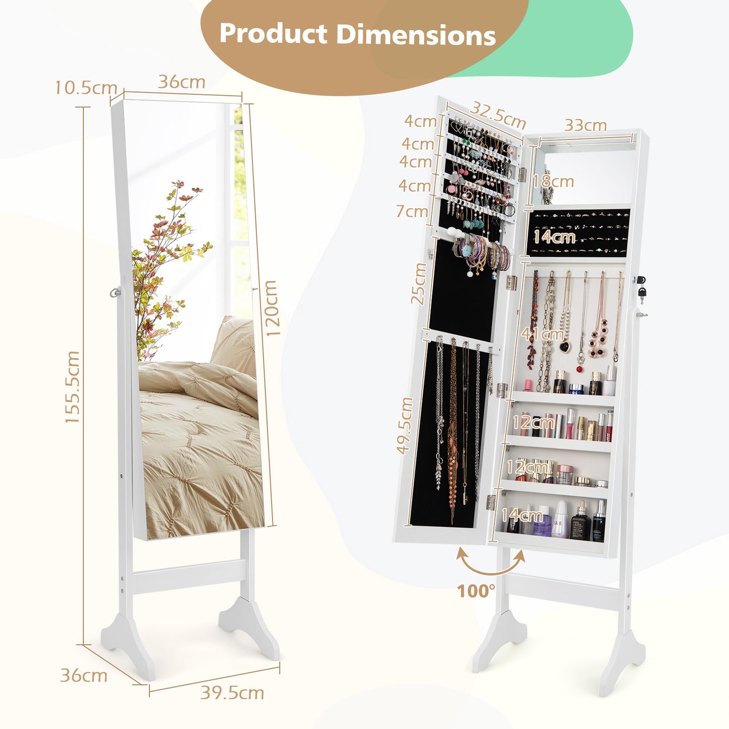 3-in-1 Standing Jewelry Armoire with Frameless Full-Length Mirror, Lockable Storage & Built-In Makeup Mirror – White