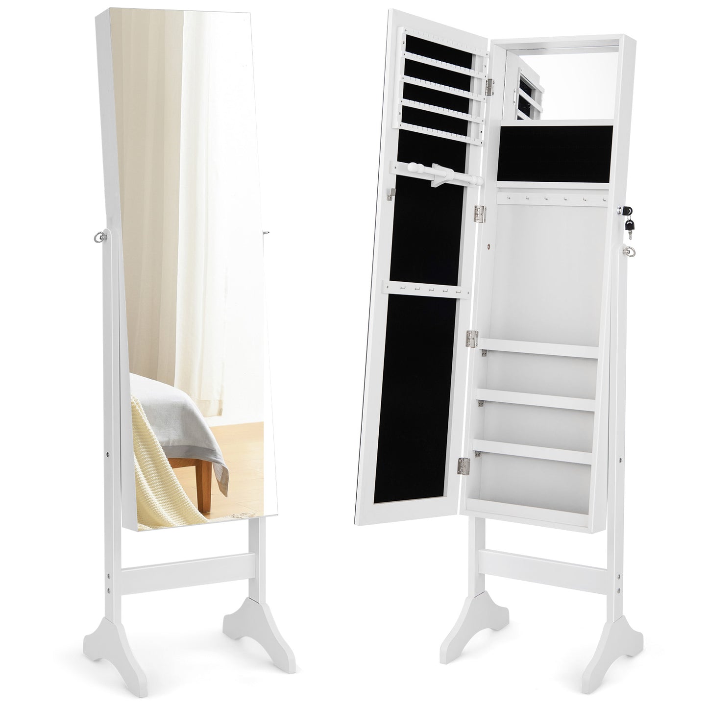3-in-1 Standing Jewelry Armoire with Frameless Full-Length Mirror, Lockable Storage & Built-In Makeup Mirror – White