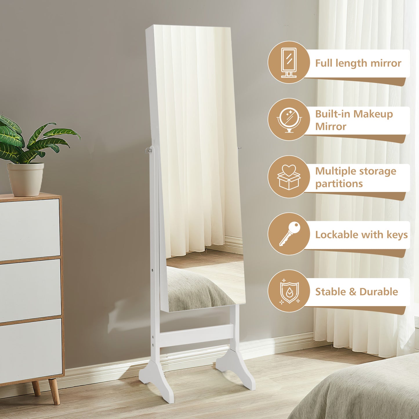 3-in-1 Standing Jewelry Armoire with Frameless Full-Length Mirror, Lockable Storage & Built-In Makeup Mirror – White