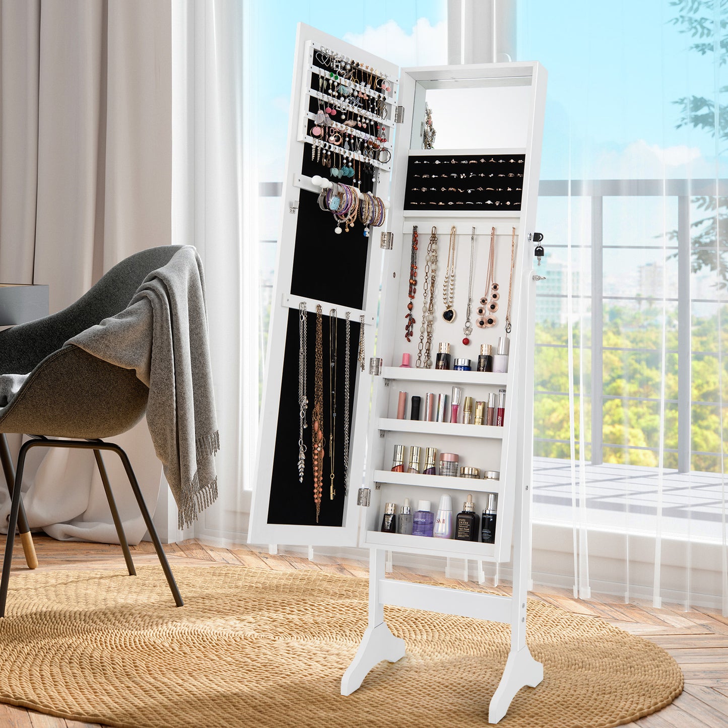 3-in-1 Standing Jewelry Armoire with Frameless Full-Length Mirror, Lockable Storage & Built-In Makeup Mirror – White