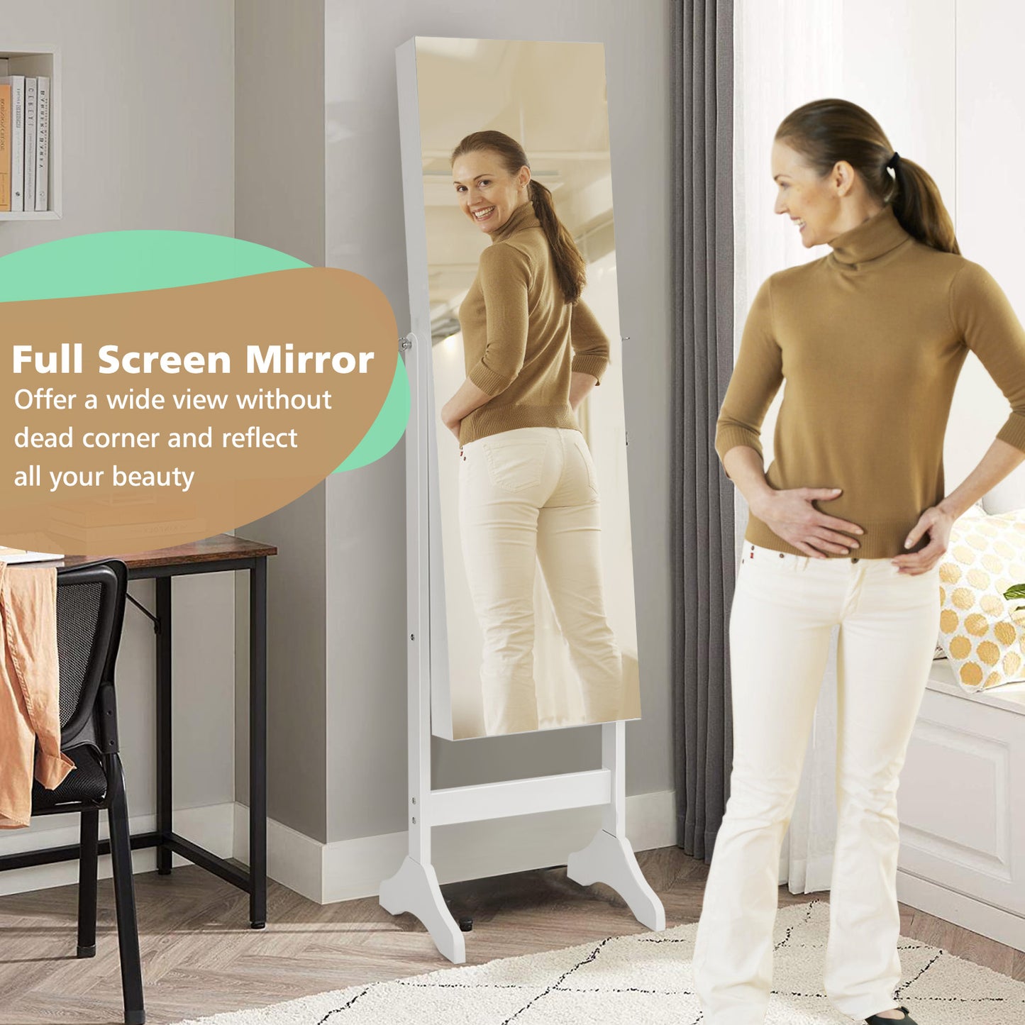 3-in-1 Standing Jewelry Armoire with Frameless Full-Length Mirror, Lockable Storage & Built-In Makeup Mirror – White