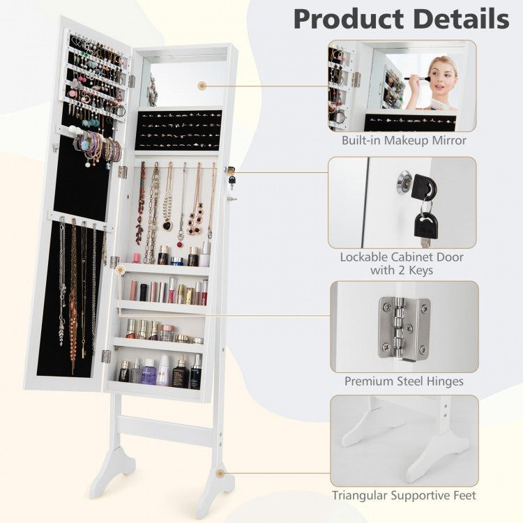 3-in-1 Standing Jewelry Armoire with Frameless Full-Length Mirror, Lockable Storage & Built-In Makeup Mirror – White