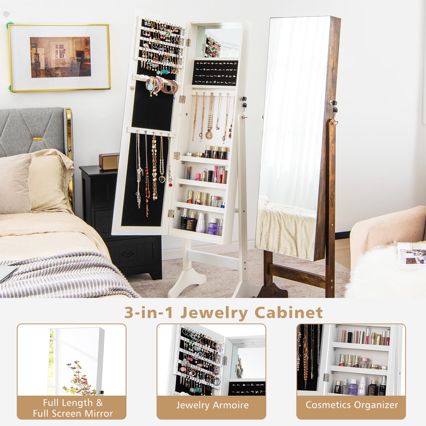 3-in-1 Standing Jewelry Armoire with Frameless Full-Length Mirror, Lockable Storage & Built-In Makeup Mirror – White