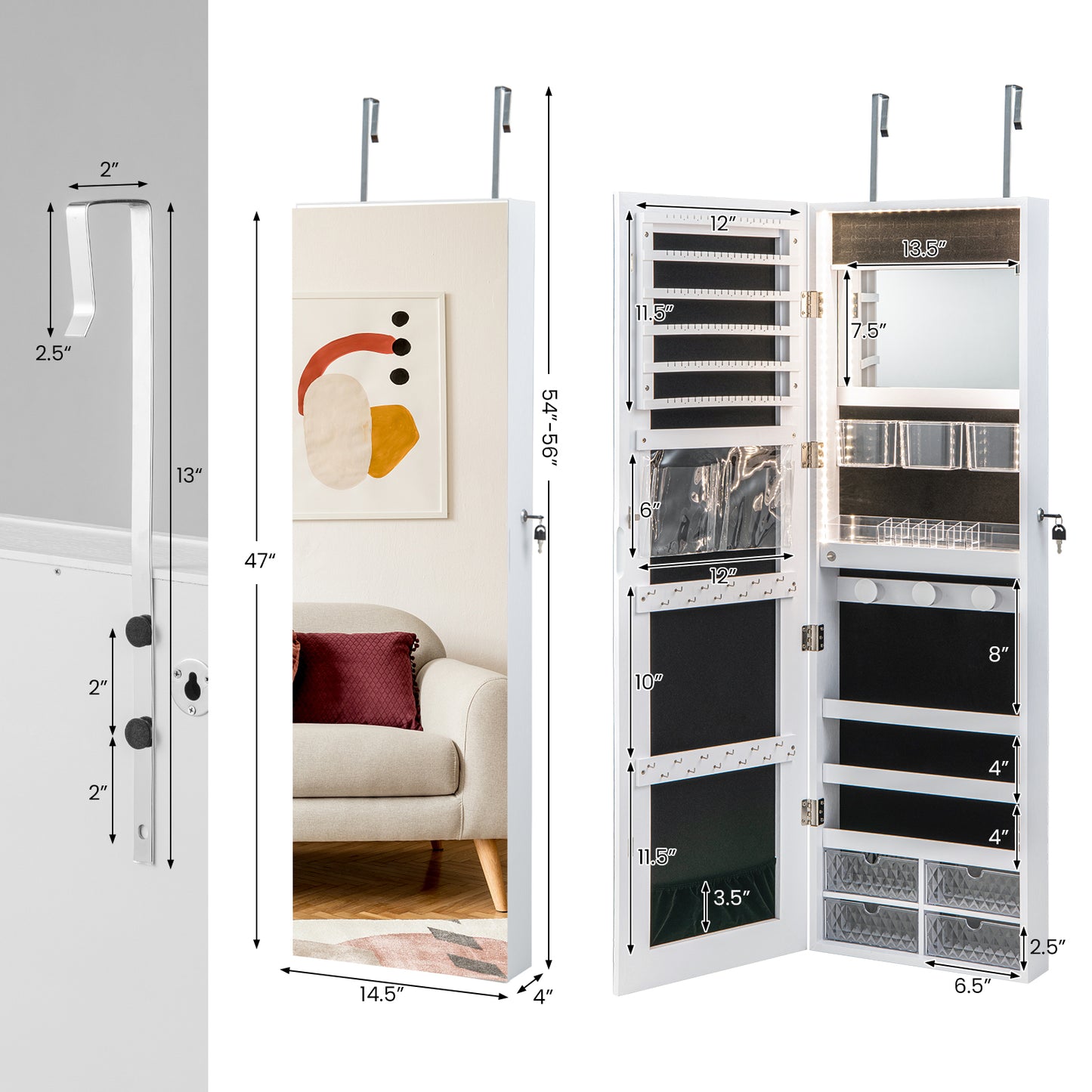 Wall Mounted Jewelry Armoire with Full-Length Mirror and 3-Color LED Lighting – White