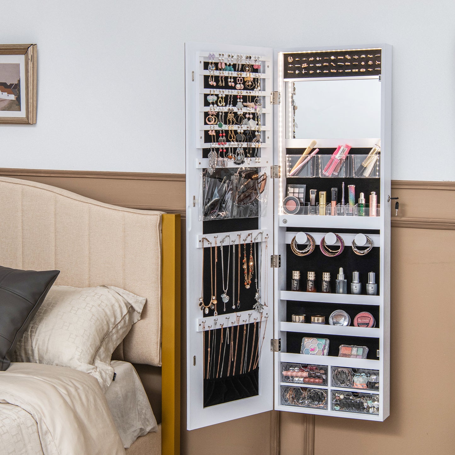 Wall Mounted Jewelry Armoire with Full-Length Mirror and 3-Color LED Lighting – White