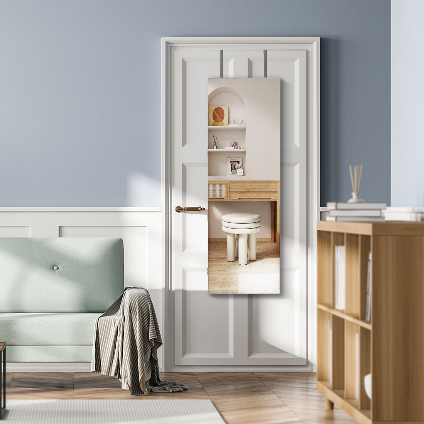 Wall Mounted Jewelry Armoire with Full-Length Mirror and 3-Color LED Lighting – White