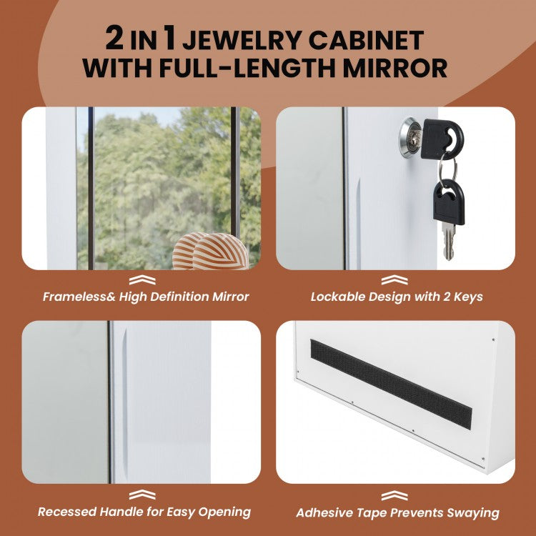 Wall Mounted Jewelry Armoire with Full-Length Mirror and 3-Color LED Lighting – White