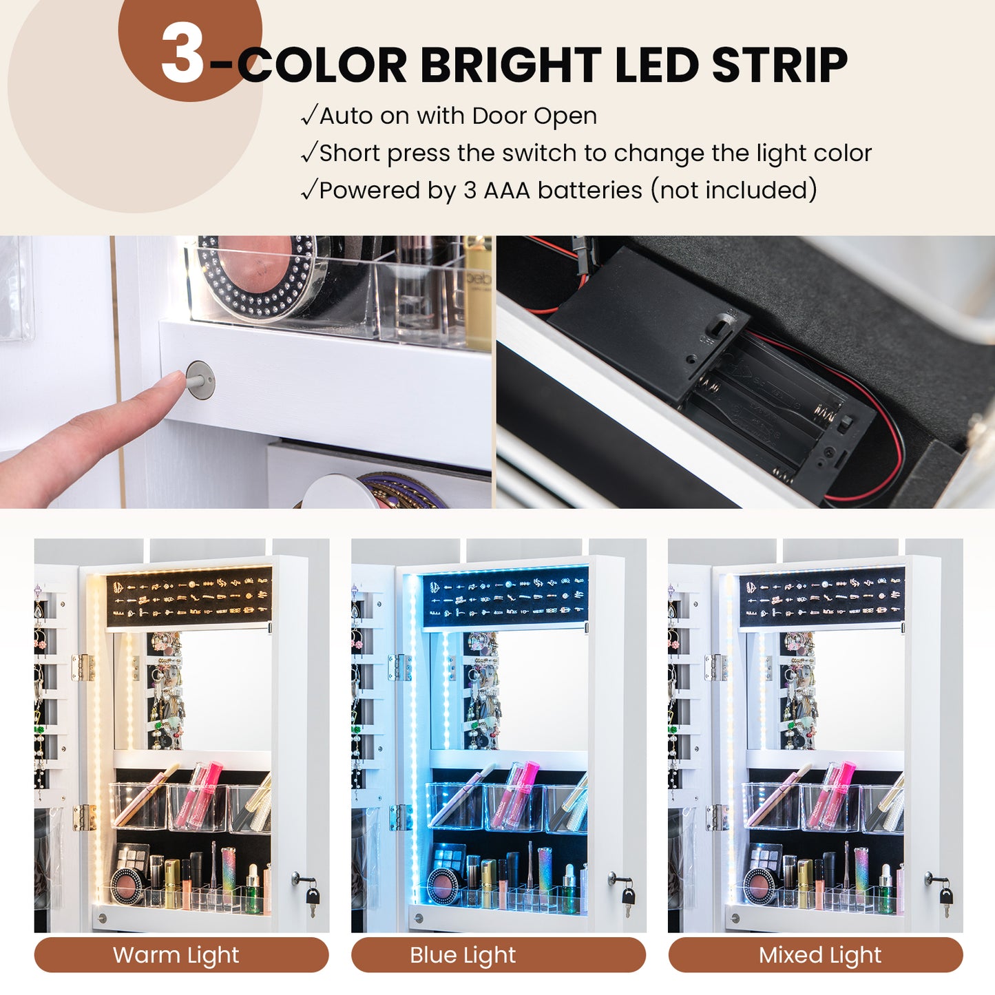 Wall Mounted Jewelry Armoire with Full-Length Mirror and 3-Color LED Lighting – White