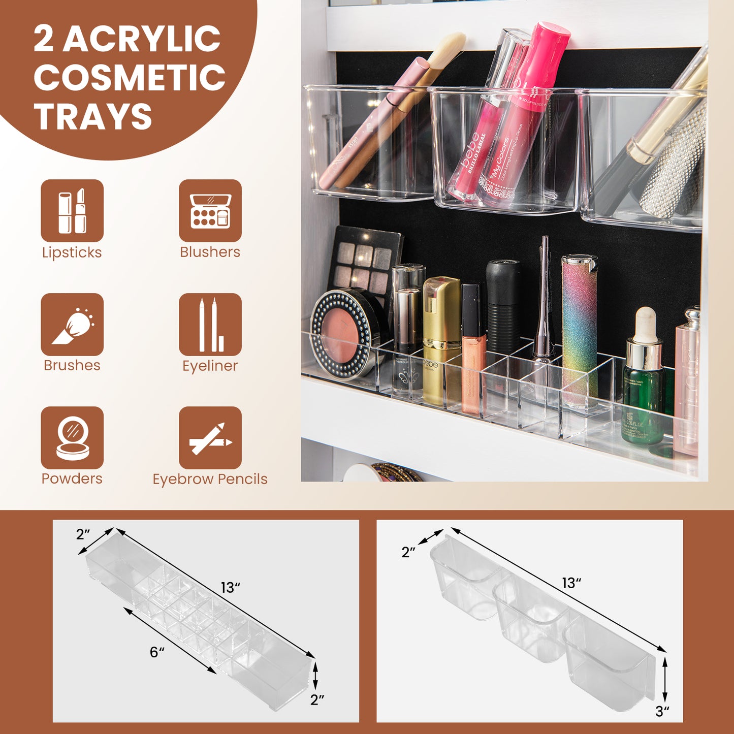 Wall Mounted Jewelry Armoire with Full-Length Mirror and 3-Color LED Lighting – White