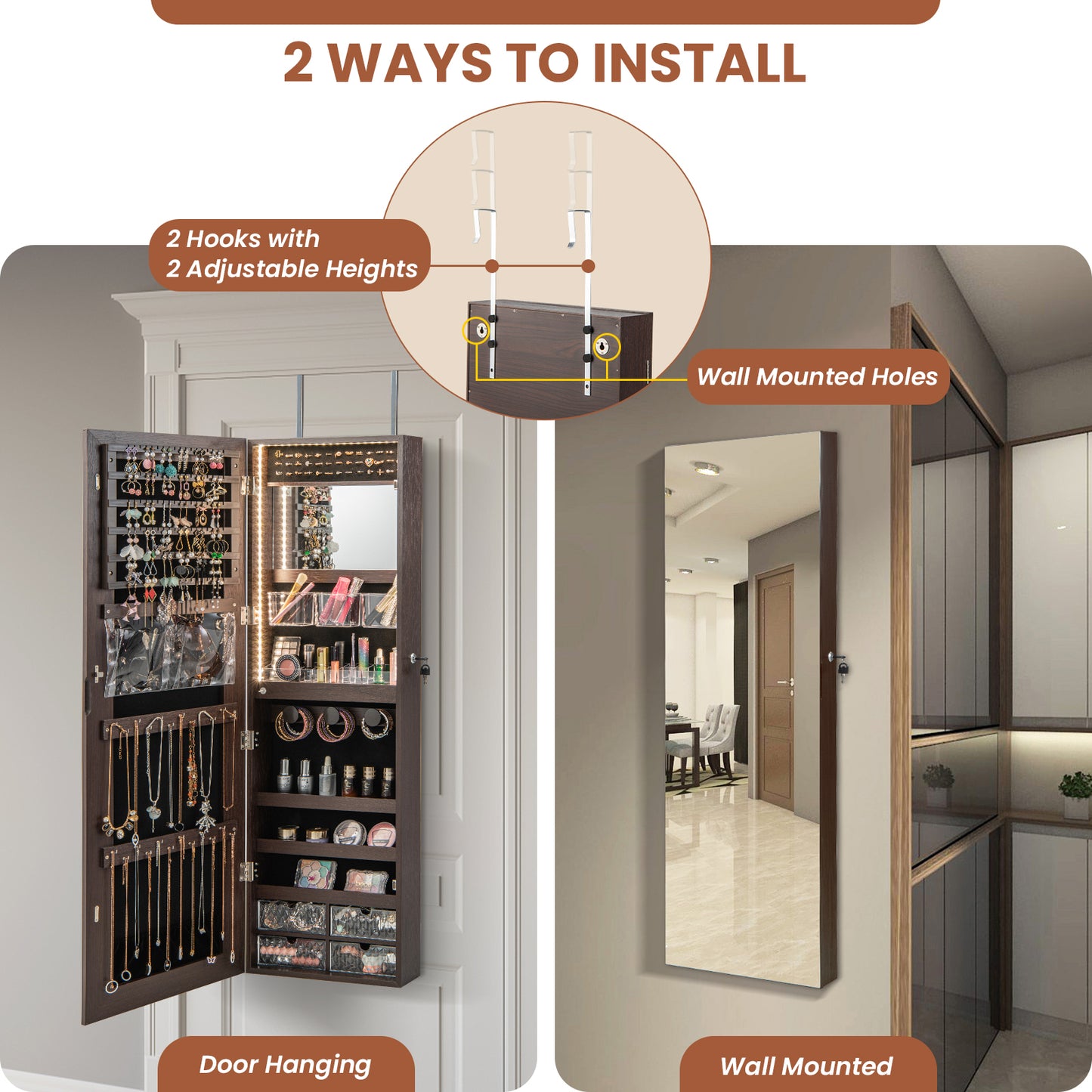 Wall Mounted Jewelry Armoire with Full-Length Mirror and 3-Color LED Lighting – Brown