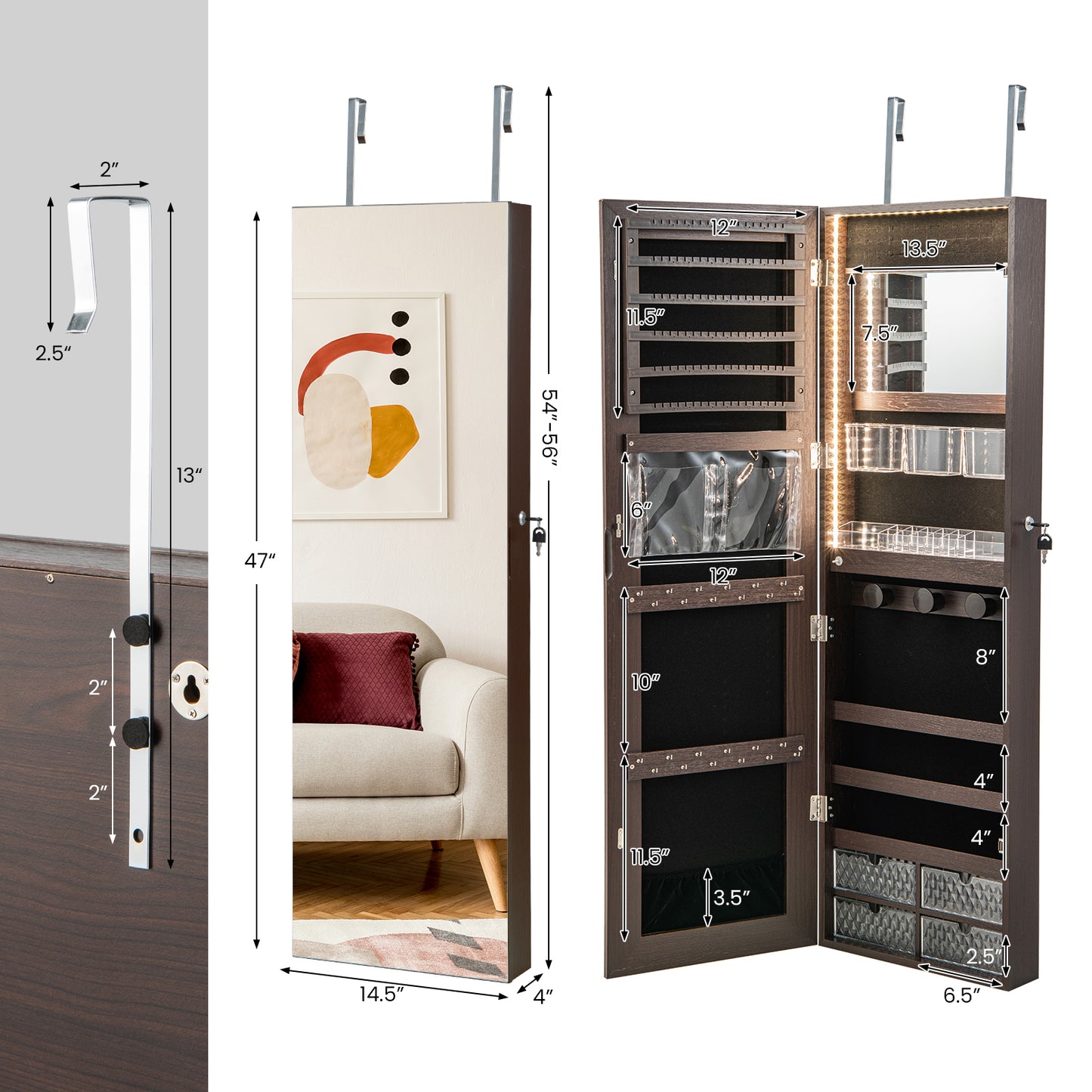 Wall Mounted Jewelry Armoire with Full-Length Mirror and 3-Color LED Lighting – Brown