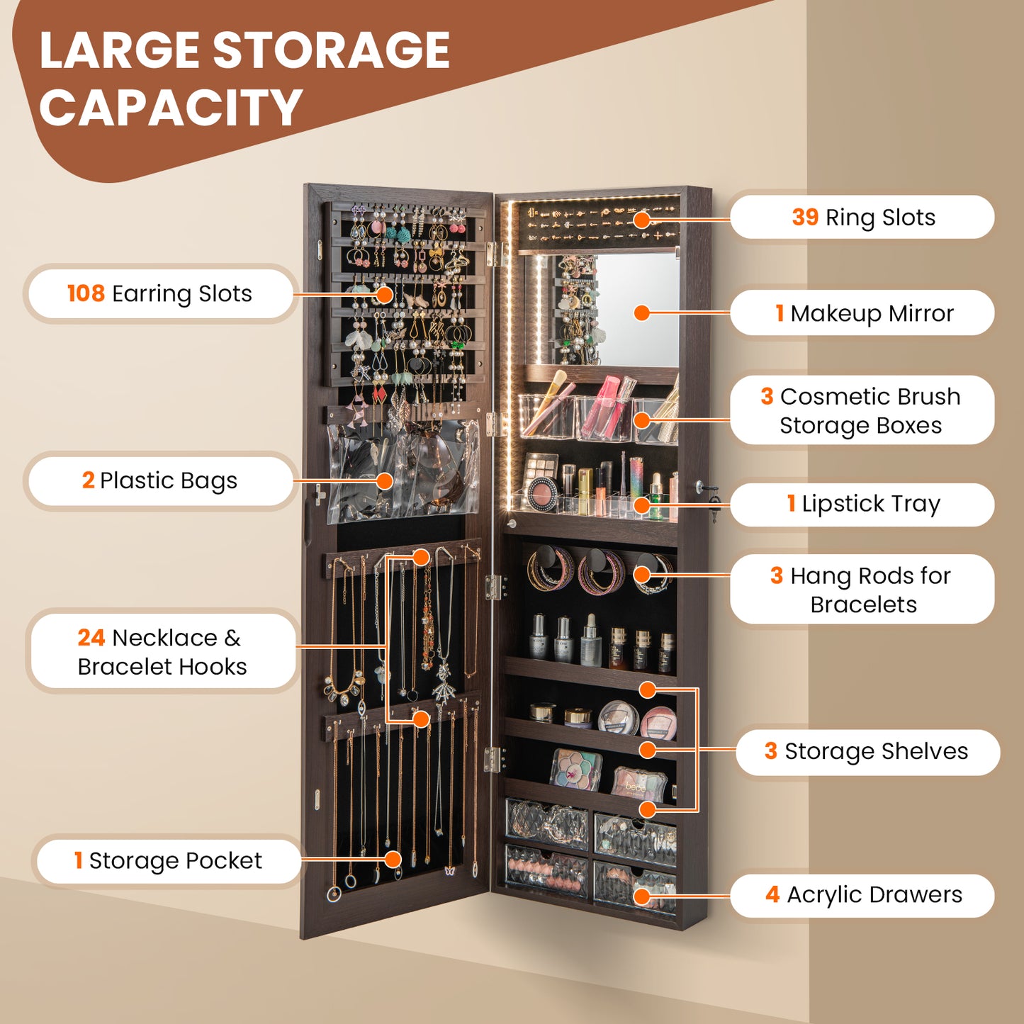 Wall Mounted Jewelry Armoire with Full-Length Mirror and 3-Color LED Lighting – Brown
