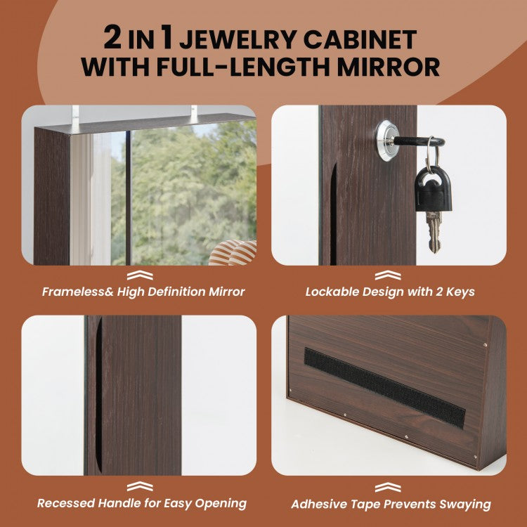 Wall Mounted Jewelry Armoire with Full-Length Mirror and 3-Color LED Lighting – Brown