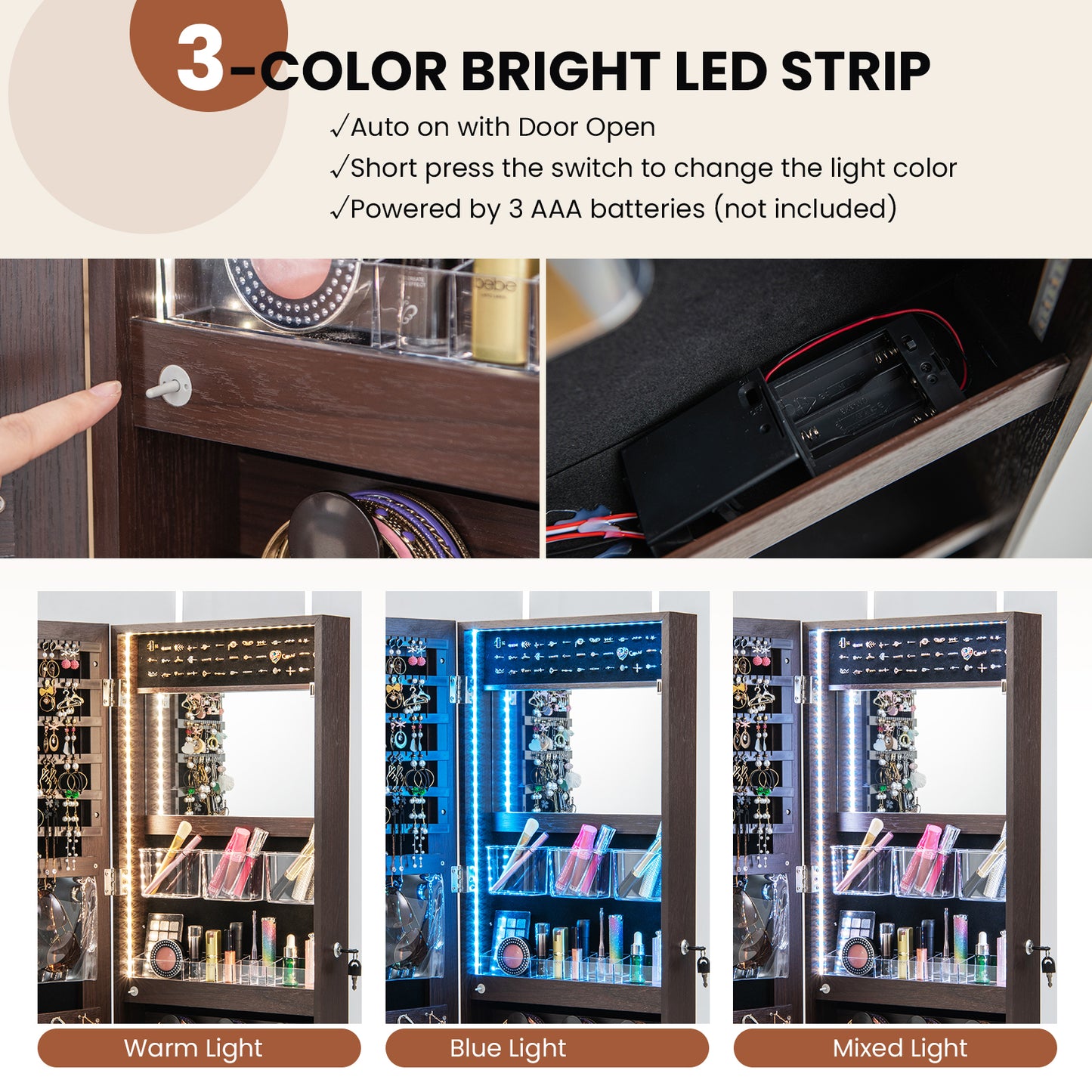 Wall Mounted Jewelry Armoire with Full-Length Mirror and 3-Color LED Lighting – Brown