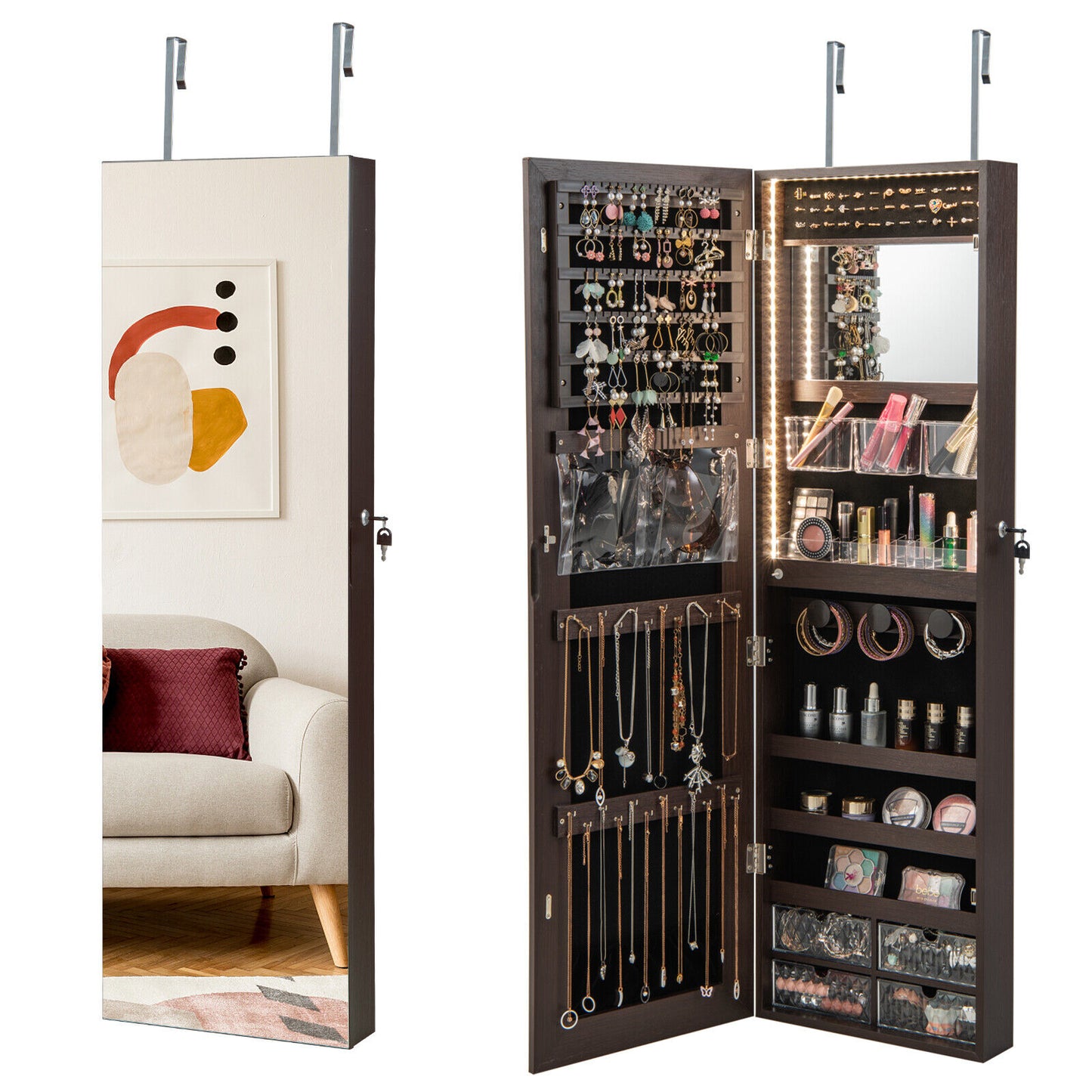 Wall Mounted Jewelry Armoire with Full-Length Mirror and 3-Color LED Lighting – Brown