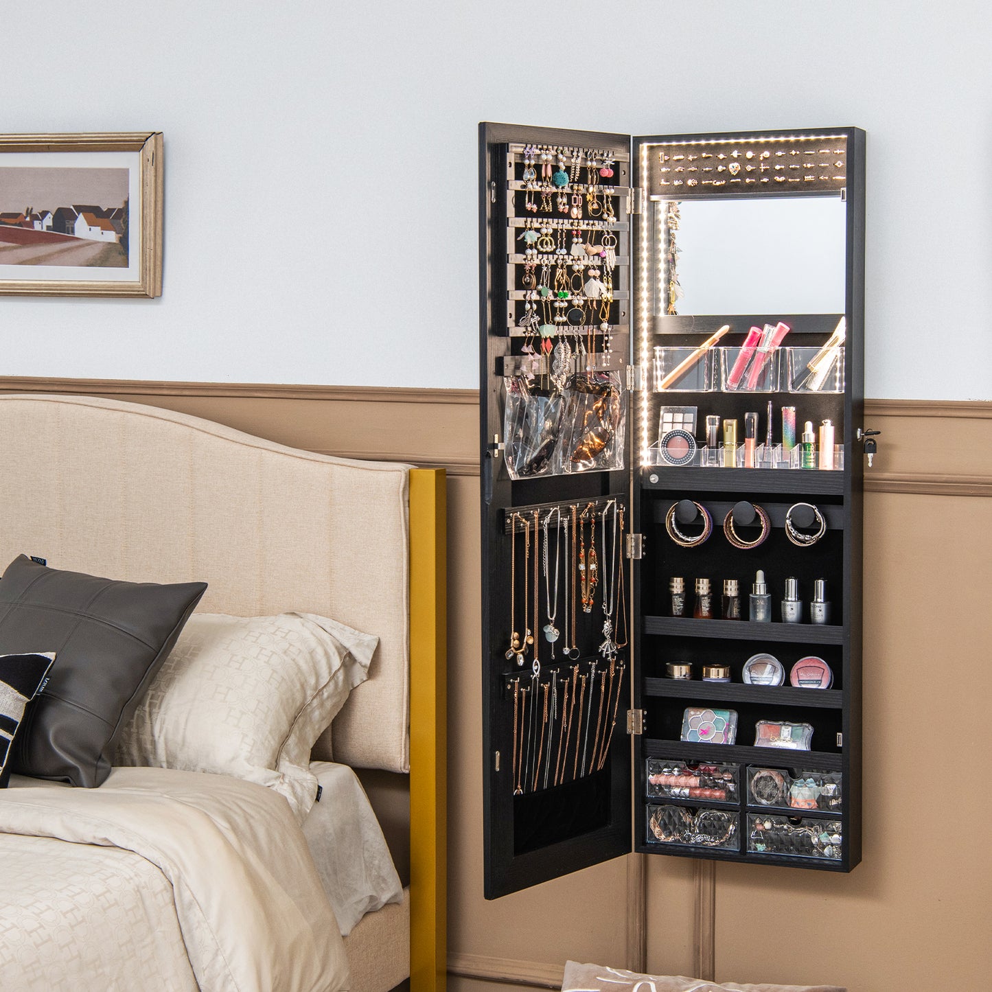 Wall Mounted Jewelry Armoire with Full-Length Mirror and 3-Color LED Lighting – Black