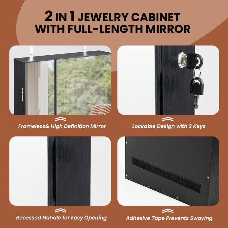 Wall Mounted Jewelry Armoire with Full-Length Mirror and 3-Color LED Lighting – Black