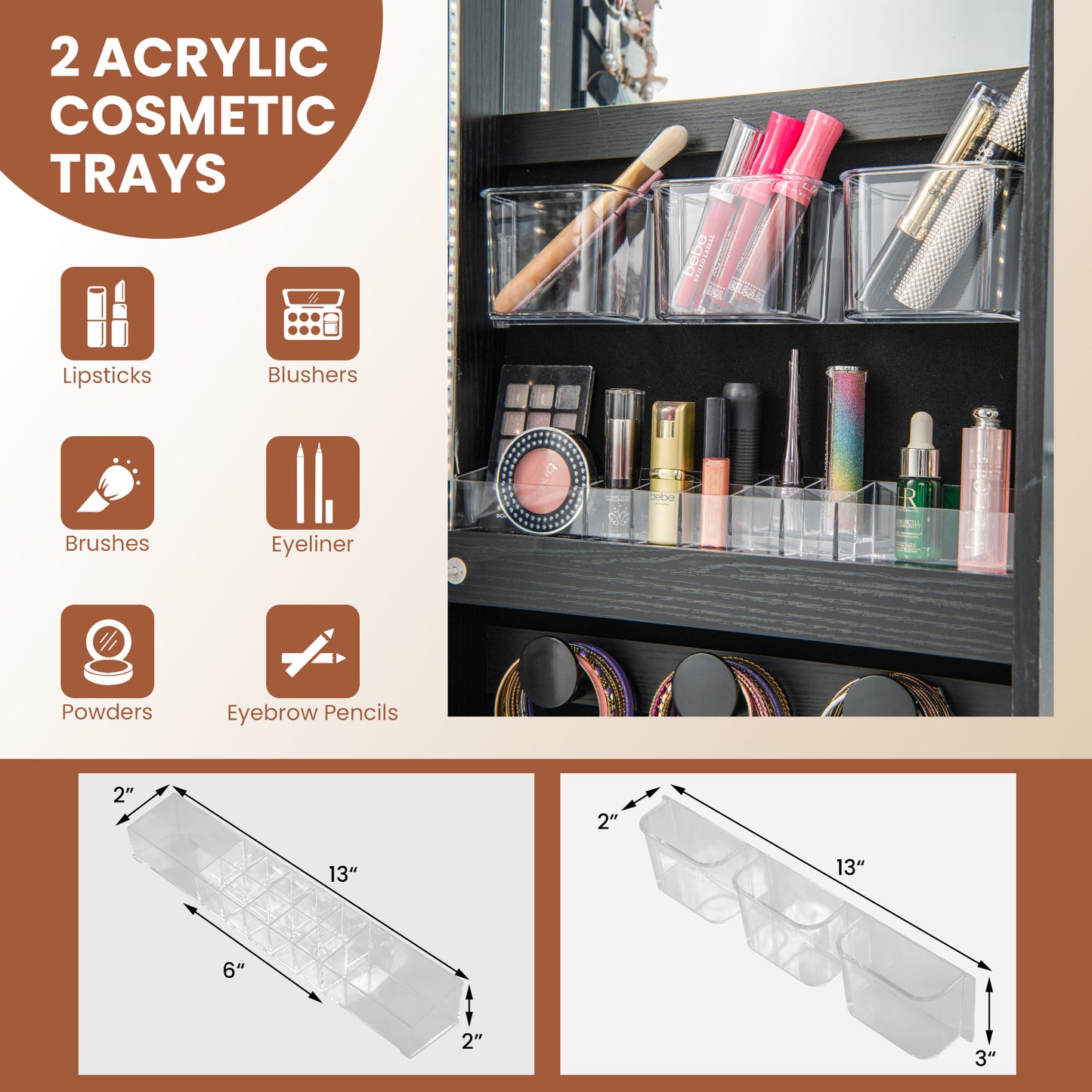 Wall Mounted Jewelry Armoire with Full-Length Mirror and 3-Color LED Lighting – Black
