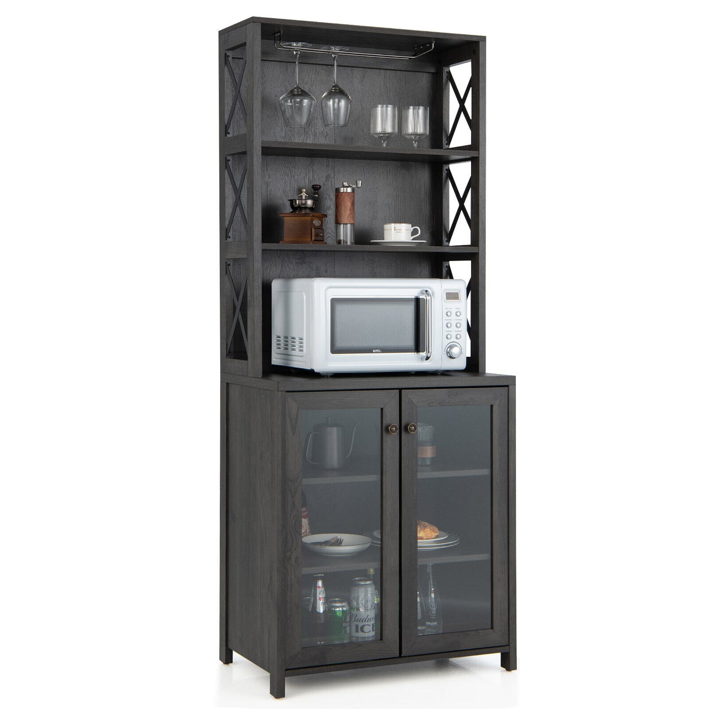 Freestanding Tall Buffet Hutch with Adjustable Shelves and Built-In Glass Rack