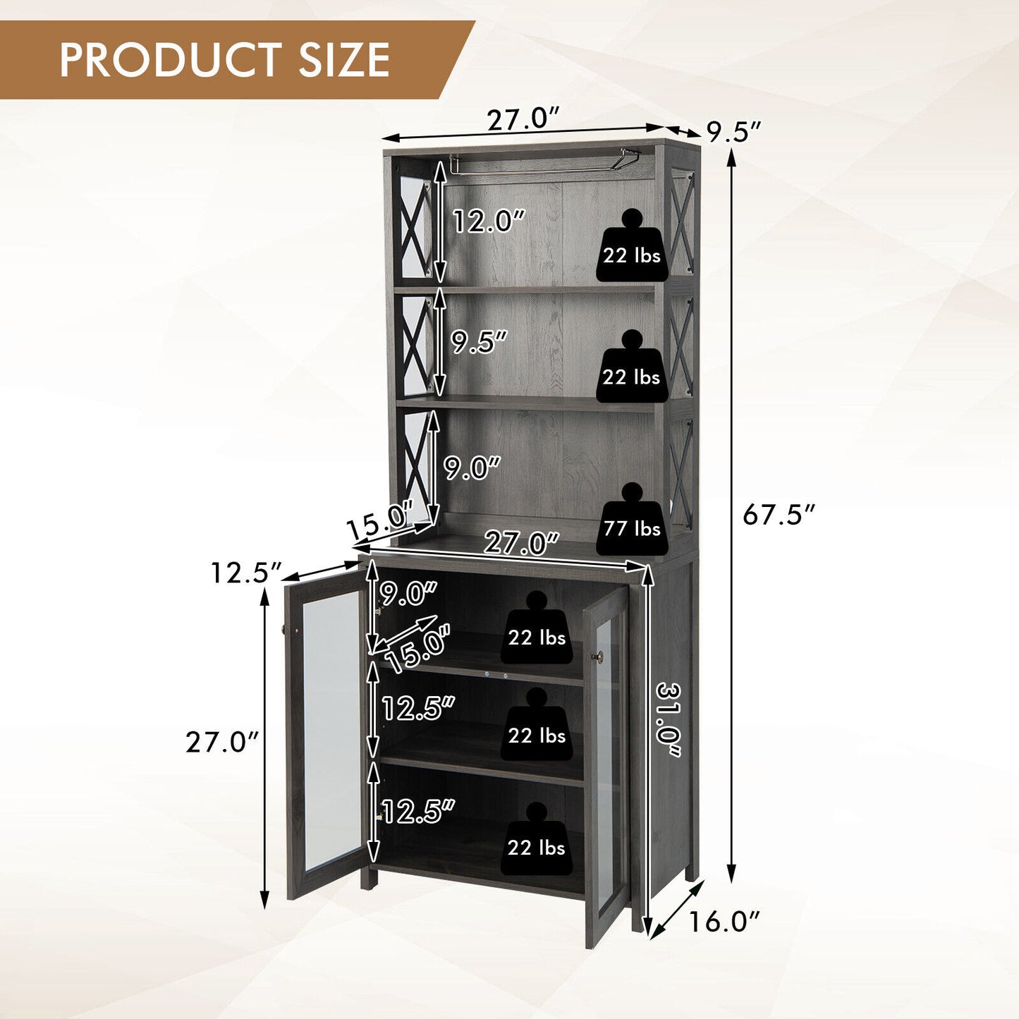 Freestanding Tall Buffet Hutch with Adjustable Shelves and Built-In Glass Rack