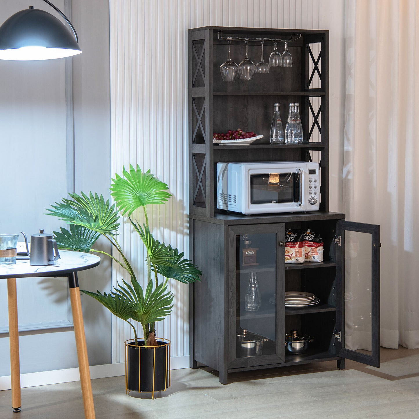 Freestanding Tall Buffet Hutch with Adjustable Shelves and Built-In Glass Rack