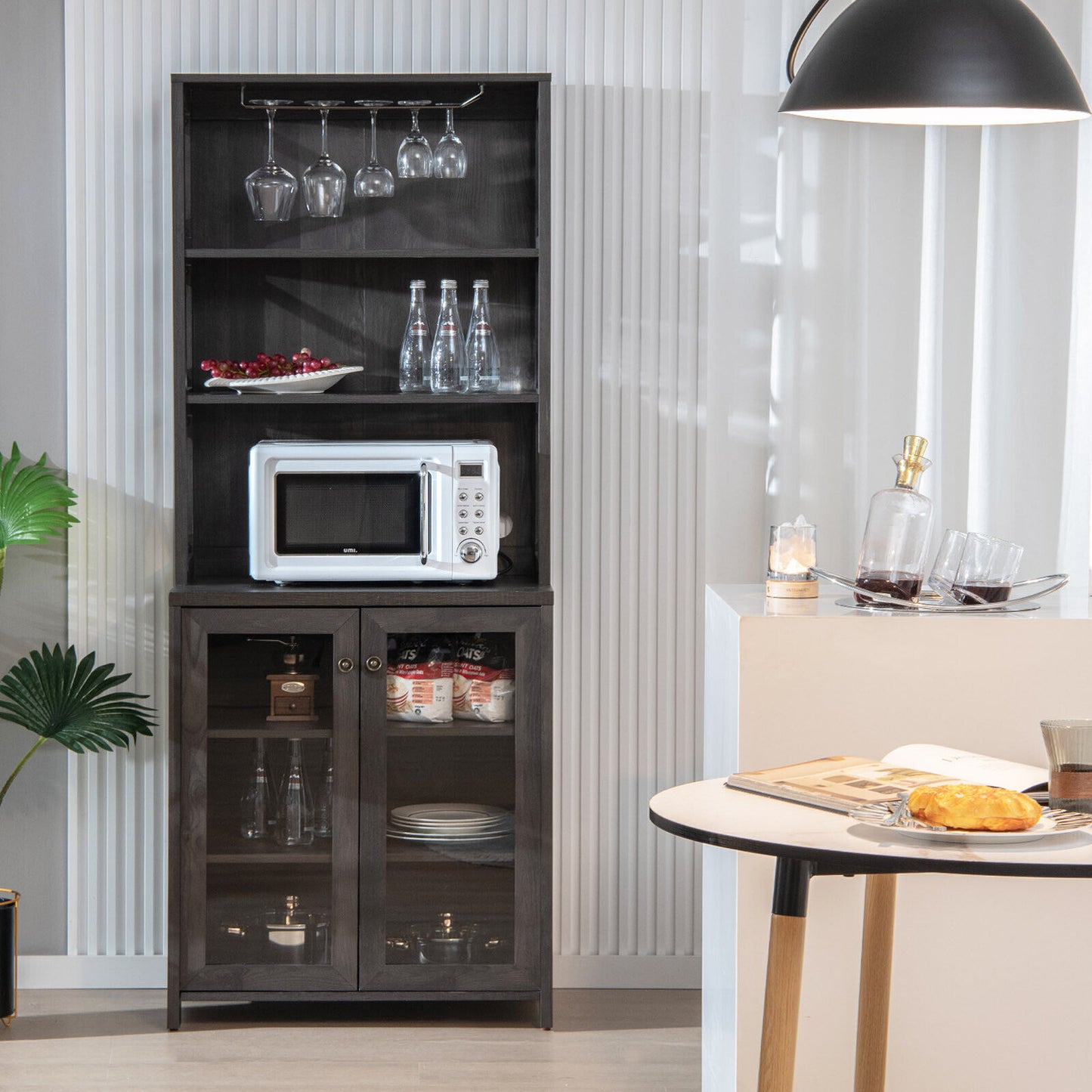 Freestanding Tall Buffet Hutch with Adjustable Shelves and Built-In Glass Rack