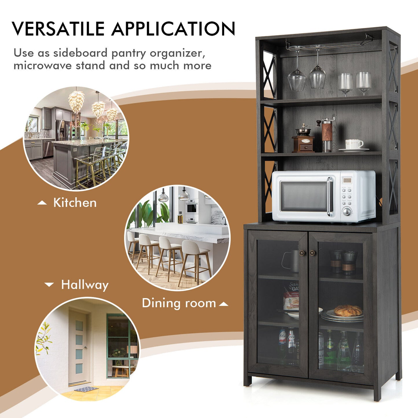 Freestanding Tall Buffet Hutch with Adjustable Shelves and Built-In Glass Rack