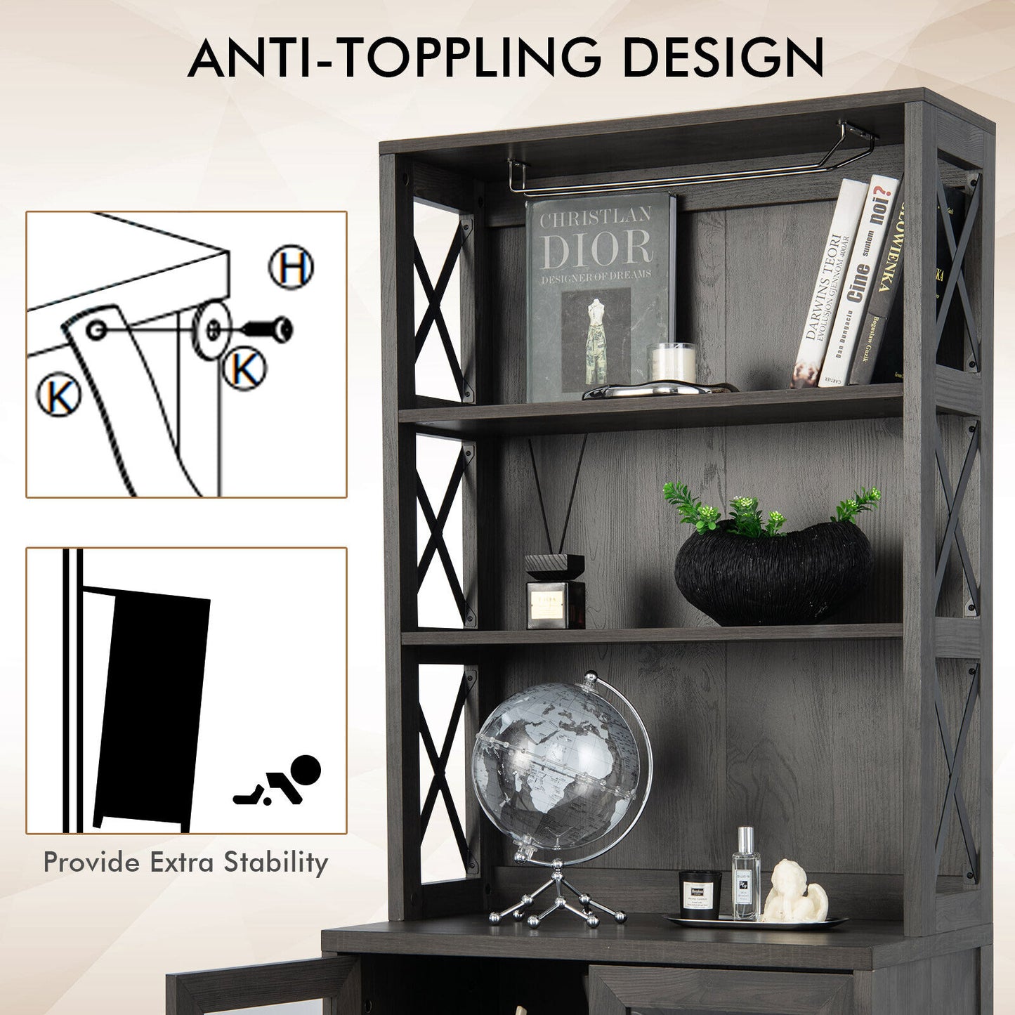 Freestanding Tall Buffet Hutch with Adjustable Shelves and Built-In Glass Rack