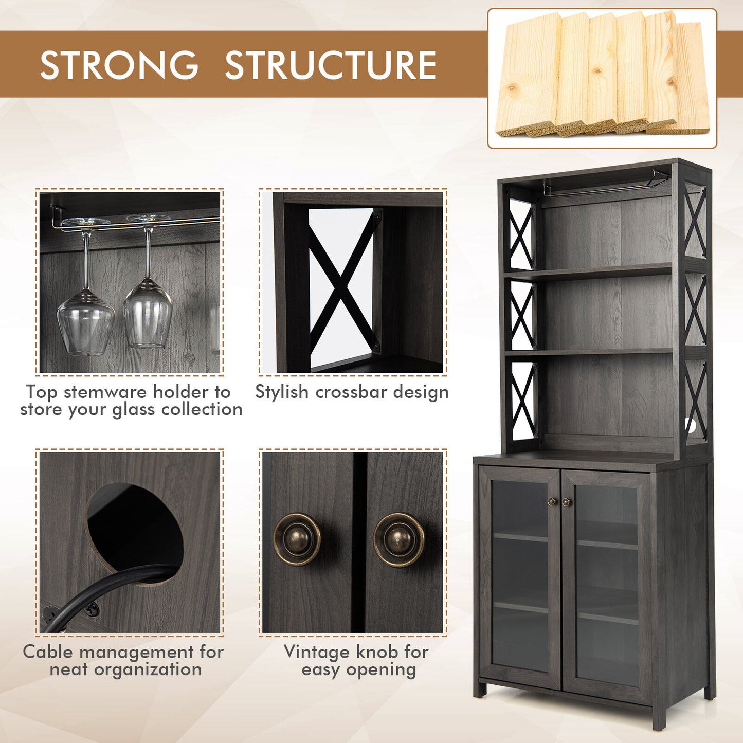 Freestanding Tall Buffet Hutch with Adjustable Shelves and Built-In Glass Rack
