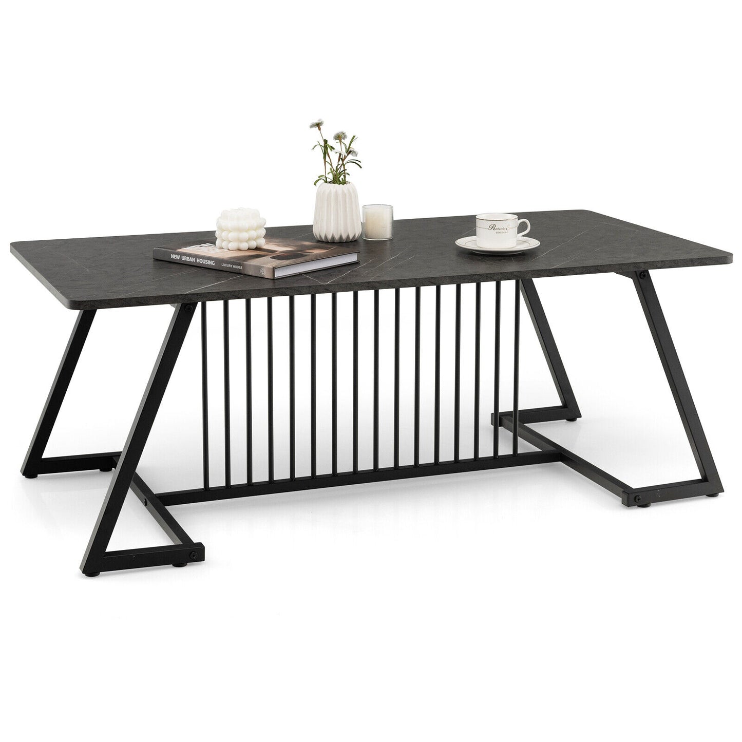 Modern Rectangle Coffee Table with Black Steel Frame and Faux Marble Top 48 Inch