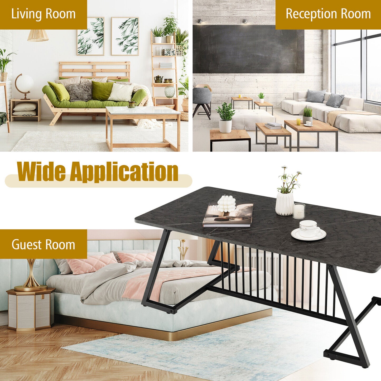 Modern Rectangle Coffee Table with Black Steel Frame and Faux Marble Top 48 Inch