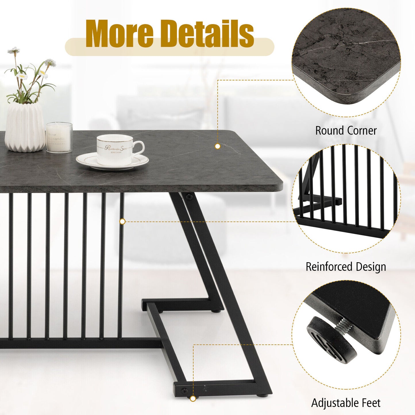 Modern Rectangle Coffee Table with Black Steel Frame and Faux Marble Top 48 Inch