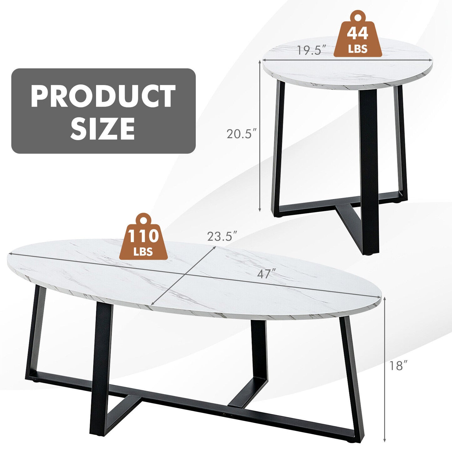 Faux Marble Nesting Coffee Tables Set of 2 with Oval and Round Tabletops