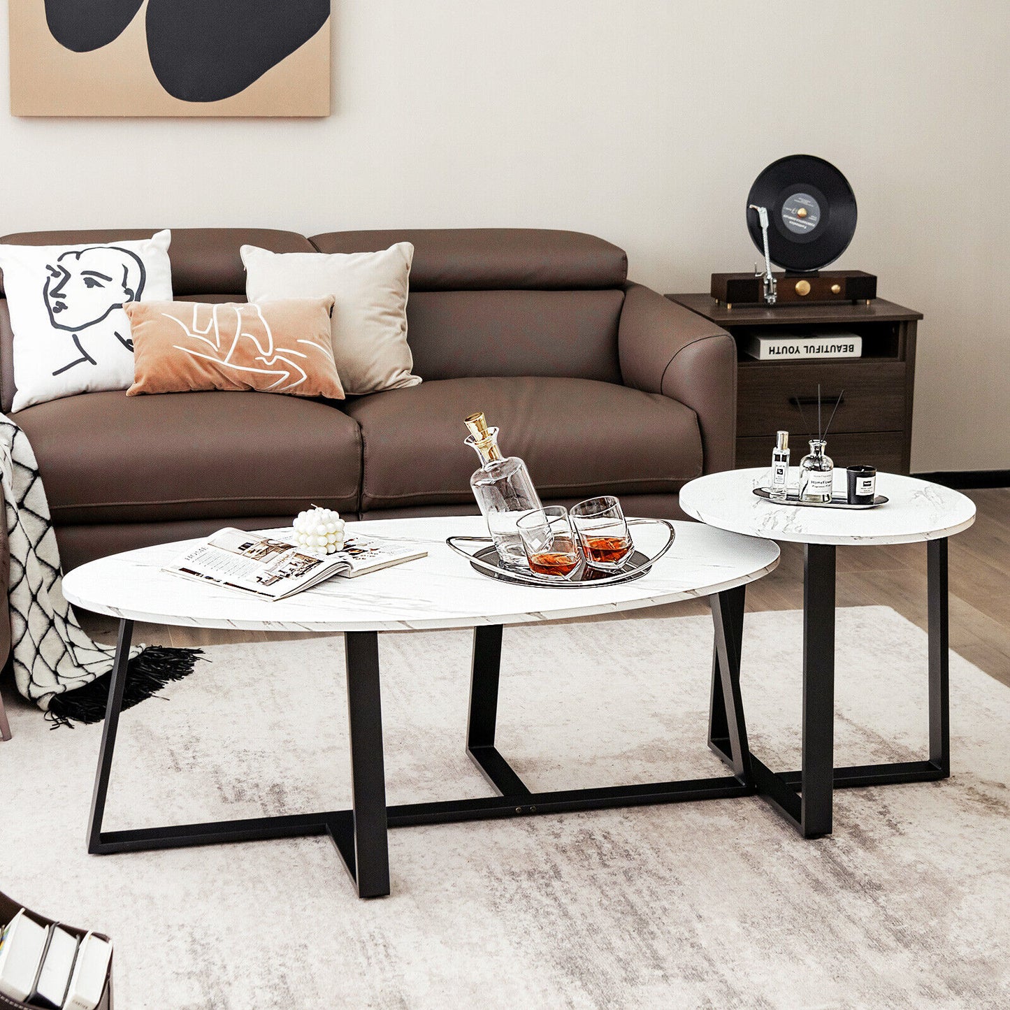 Faux Marble Nesting Coffee Tables Set of 2 with Oval and Round Tabletops