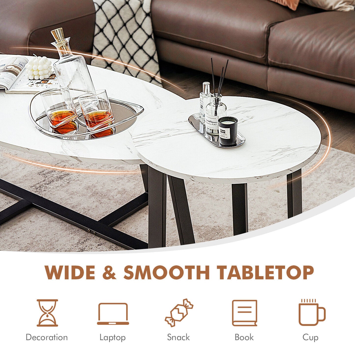 Faux Marble Nesting Coffee Tables Set of 2 with Oval and Round Tabletops